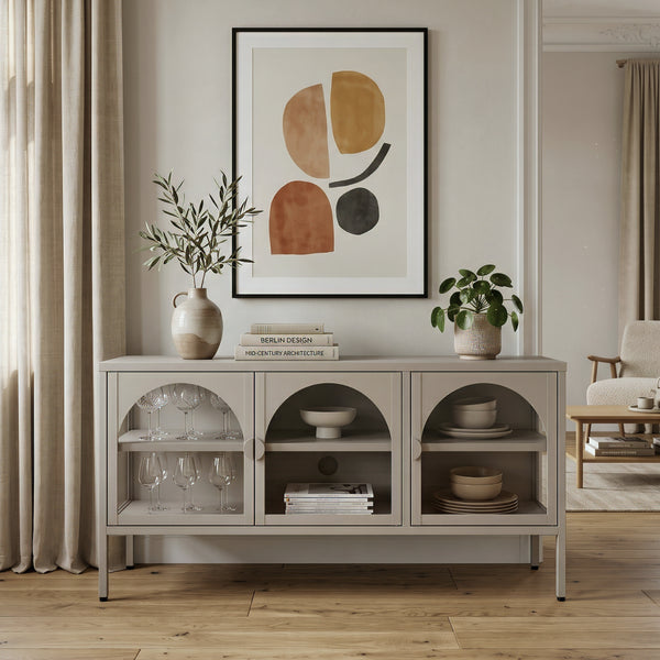 Vitrínová komoda Klippestad ocel 118x35x55 cm velbloudí barva [en.casa]