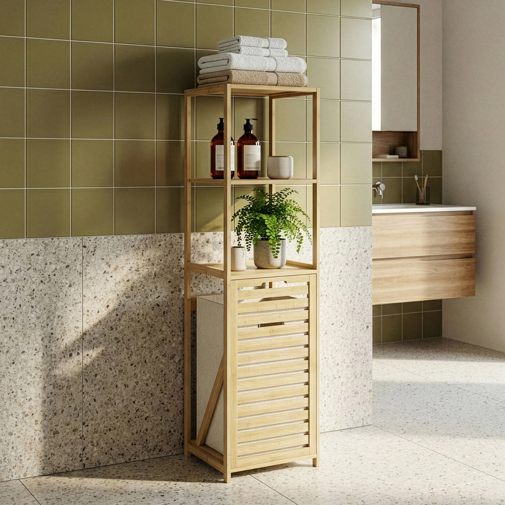 Koupelnový regál s košem na prádlo Anun 130x36x33 cm bambus, barva dřeva [en.casa]