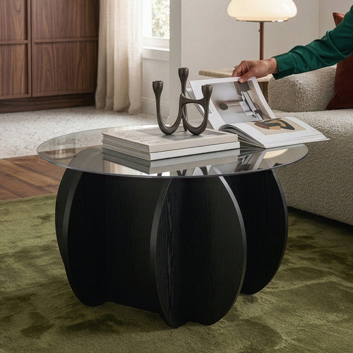 Konferenční stolek Karhuvandi s skleněnou deskou Ø70x40 cm Černá/Šedá [en.casa]