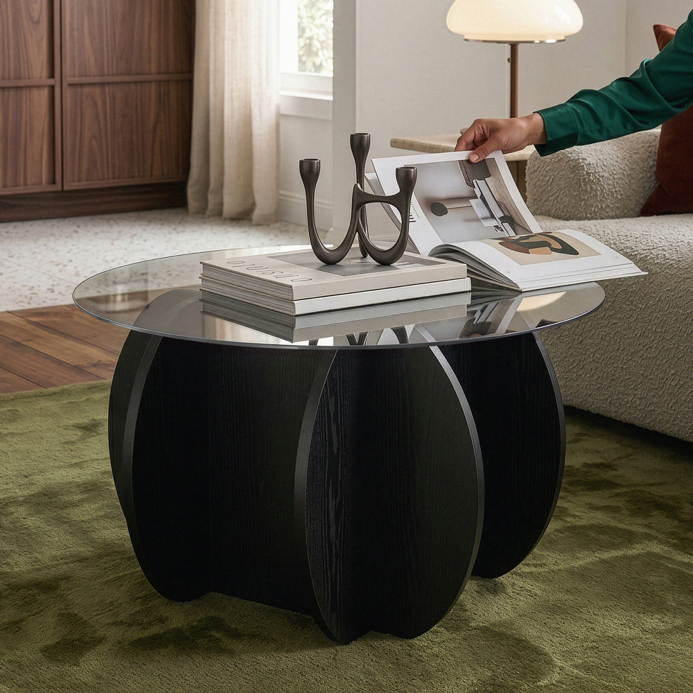 Konferenční stolek Karhuvandi s skleněnou deskou Ø70x40 cm Černá/Šedá [en.casa]