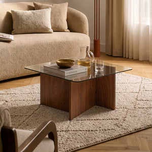 Konferenční stolek Benexjö s skleněnou deskou 70x70x36 cm ořechový vzhled/šedý [en.casa]