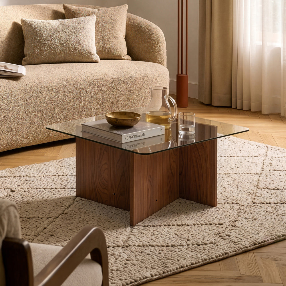 Konferenční stolek Benexjö s skleněnou deskou 70x70x36 cm ořechový vzhled/šedý [en.casa]