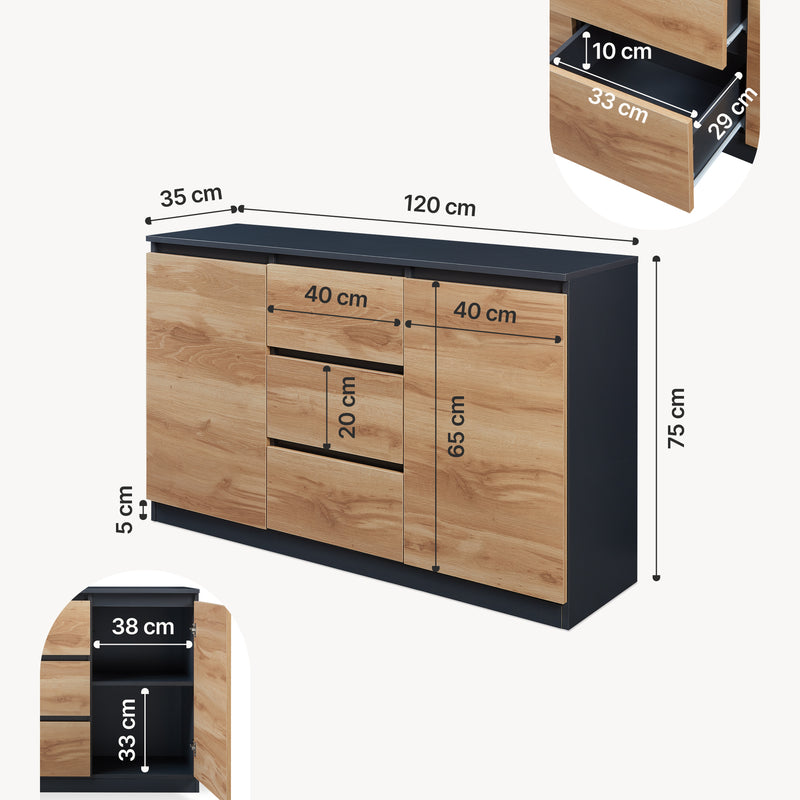 Měřítkový nákres Sideboard Kyr černé/ dub rustikální vzhled [en.casa]