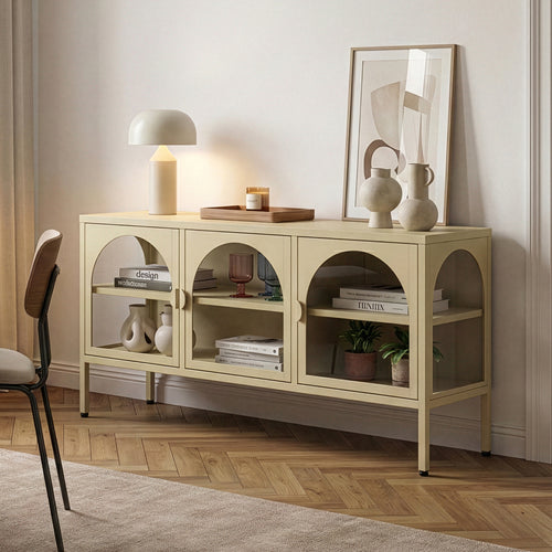 Vitrínkový sideboard Klippestad ocel 118x35x55 cm velbloudí barva [en.casa]
