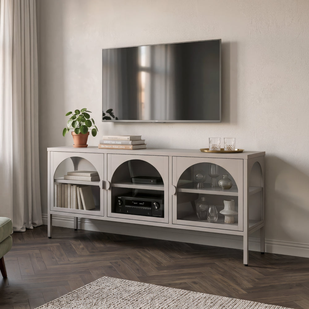 Vitrínová komoda Klippestad ocel 118x35x55 cm teplá šedá [en.casa]