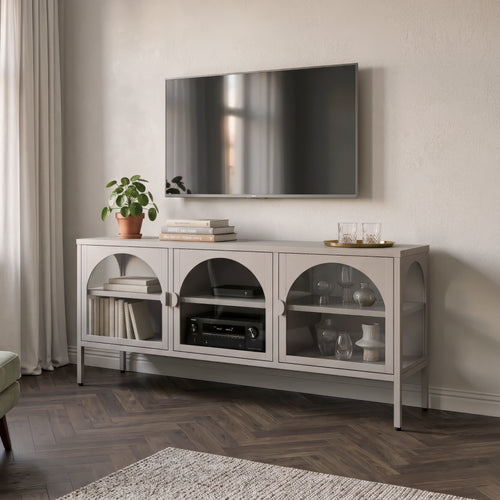 Vitrínová komoda Klippestad ocel 118x35x55 cm teplá šedá [en.casa]