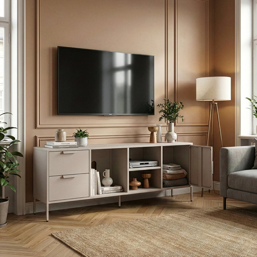 Televizní skříň Kliri Stahl 150x35x58 cm velbloudí barva [en.casa]