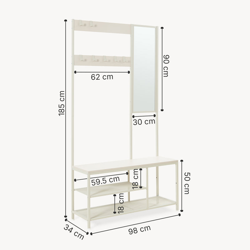 Maßskizze Věšák Napinerg s zrcadlem a botníkem 185x98x34 cm [en.casa]