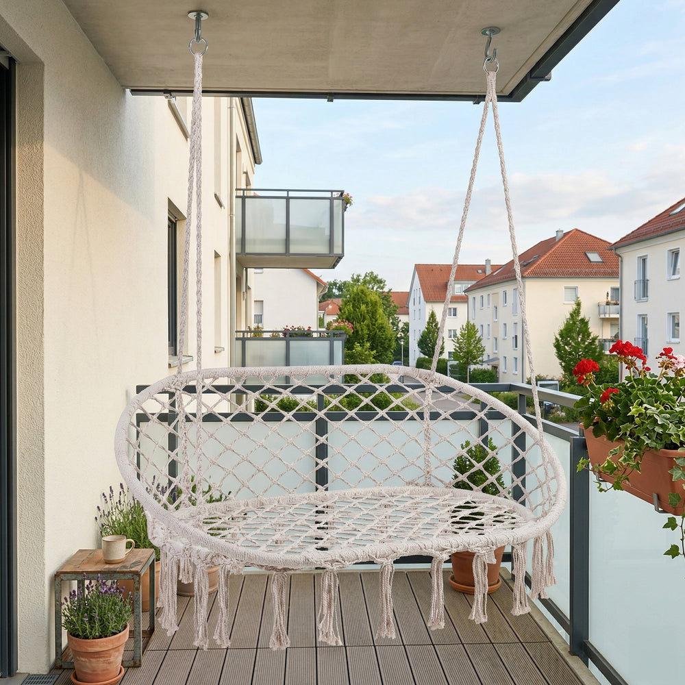 Závěsné křeslo Kailua pro 2 osoby 135x129x65 cm krémově bílé [casa.pro]