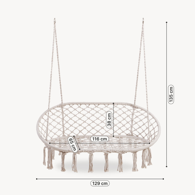 Maßskizze Závěsné křeslo Kailua pro 2 osoby 135x129x65 cm krémově bílé [casa.pro]