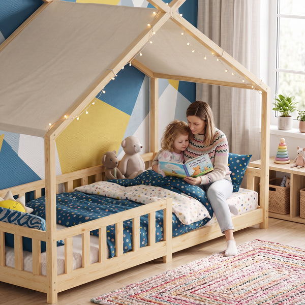 Domečková postel Rila ve stylu Montessori s ochranou proti pádu 90x200 cm [en.casa]