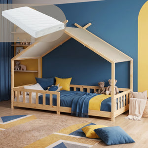 Domečková postel Rila ve stylu Montessori s matrací a zábranou proti pádu 90x200 cm [en.casa]