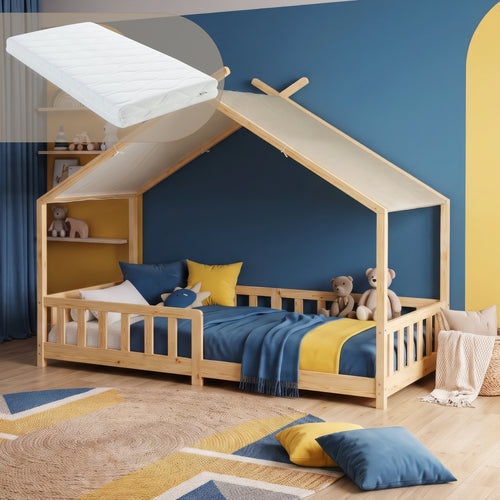 Domečková postel Rila ve stylu Montessori s matrací a zábranou proti pádu 90x200 cm [en.casa]