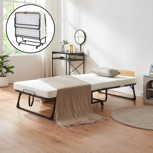 Skládací postel z kovu Lustendi s matrací 200x90cm Černá/dubový dekor [en.casa]