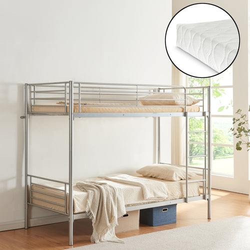 Patrová postel z kovu Soppsar se 2 matracemi 200x90 cm stříbrná [en.casa]