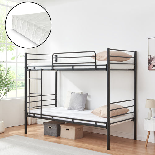 Patrová postel z kovu Bevapis s 2 matracemi 90x200 cm černá [en.casa]