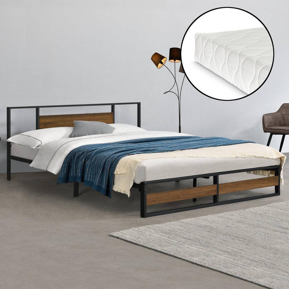 Metallbett Villach mit Matratze in versch. Größen Schwarz Walnuss - Optik [en.casa] - premiumXL