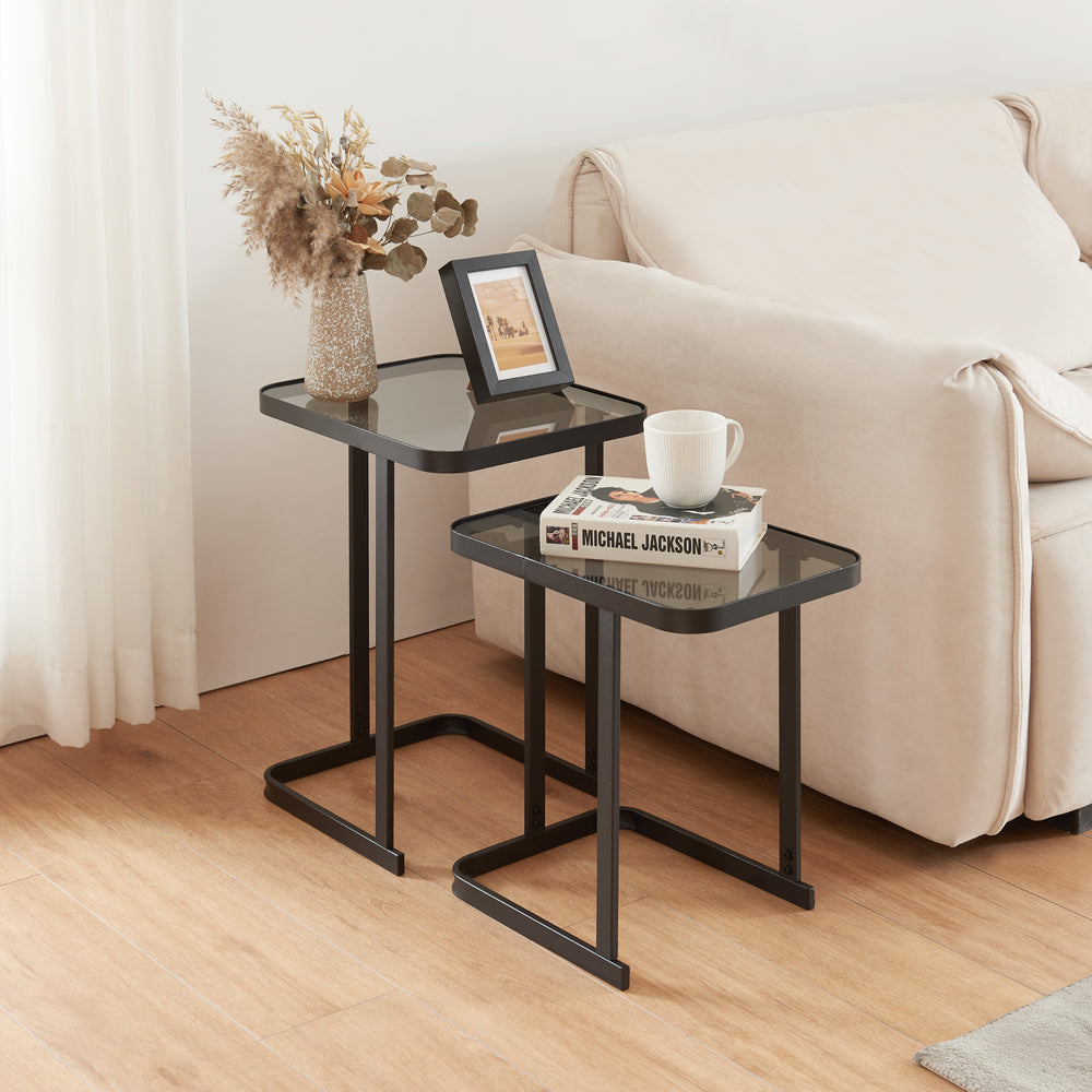 Satztisch Laxå 2er Set Glas und Metall Schwarz [en.casa] - premiumXL
