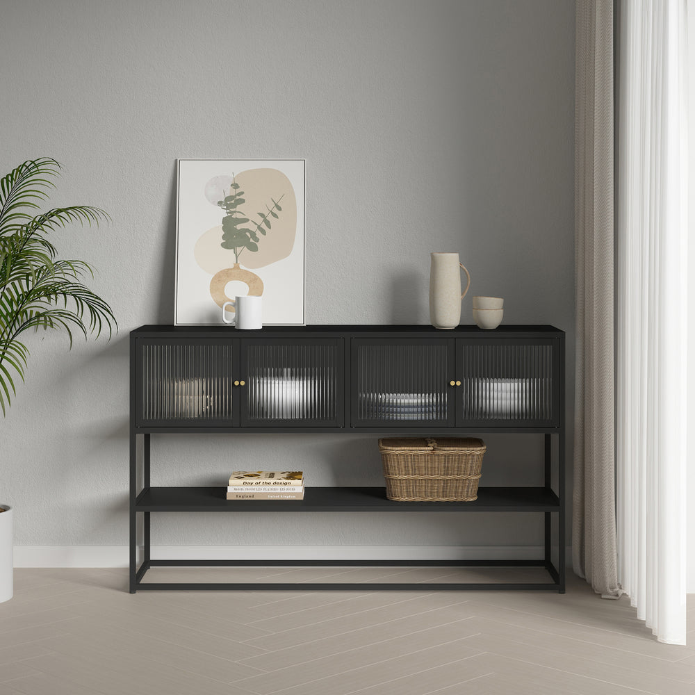 Komoda Säkylä se 4 skleněnými dveřmi 150x38x90 cm ocel [en.casa]