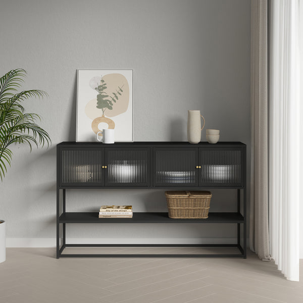 Komoda Säkylä se 4 skleněnými dveřmi 150x38x90 cm ocel [en.casa]