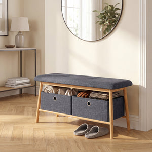 Lavice Vad se 2 úložnými boxy 90x30x45 cm Přírodní/Šedá [en.casa]