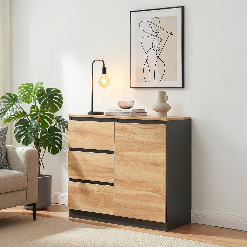 Sideboard Kyr černé/ dub rustikální vzhled [en.casa]