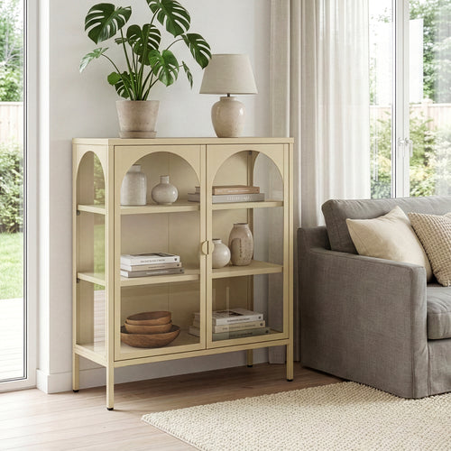 Vitrínková komoda Klippestad ocel 95x80x35 cm velbloudí barva [en.casa]
