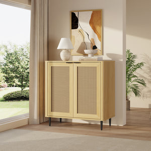 Sideboard Lukhomso 83x80x40 cm dubový vzhled / ratanový vzhled [en.casa]
