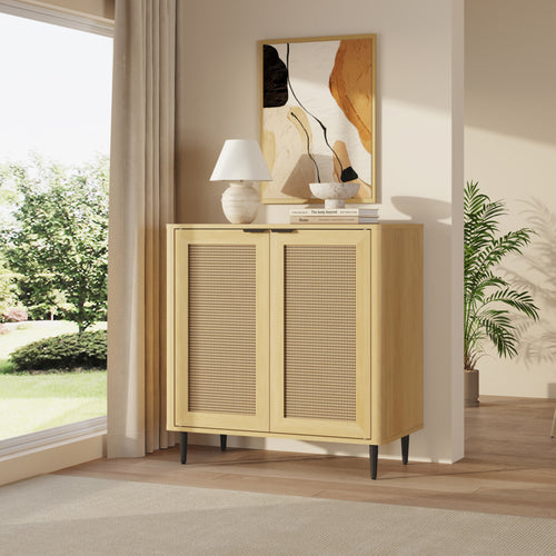 Sideboard Lukhomso 83x80x40 cm dubový vzhled / ratanový vzhled [en.casa]