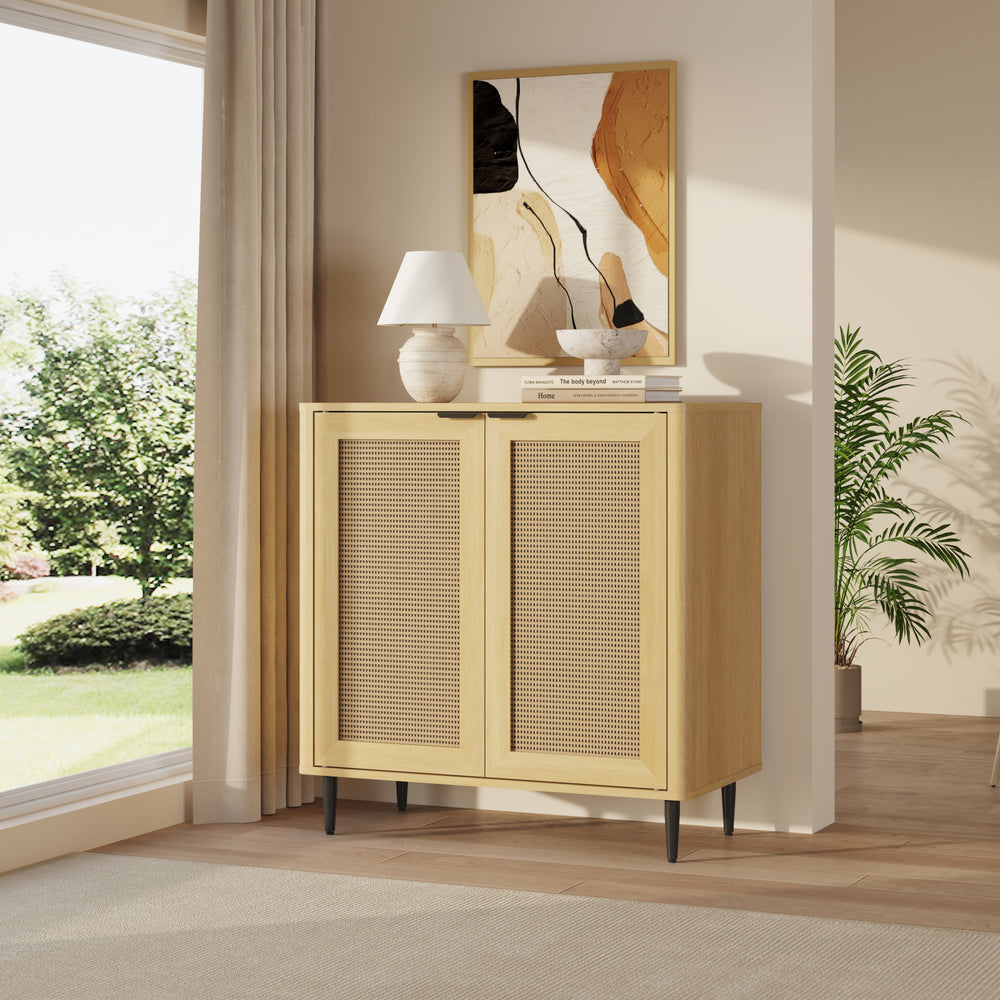 Sideboard Lukhomso 83x80x40 cm dubový vzhled / ratanový vzhled [en.casa]
